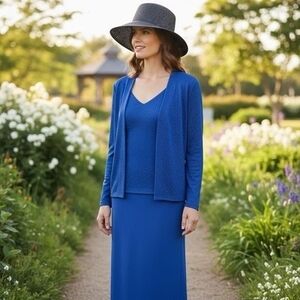Alex Evenings Blue Glim Sleeveless Maxi Dress & Long Sleeve Blazer Suit Size 16